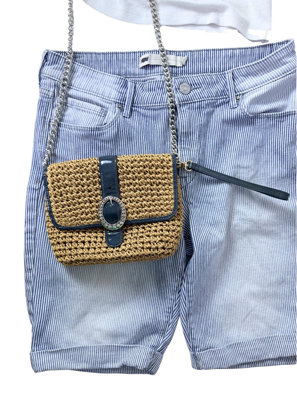 Brighton Straw Crochet Crossbody Bag Navy Patent Trim Coastal Summer